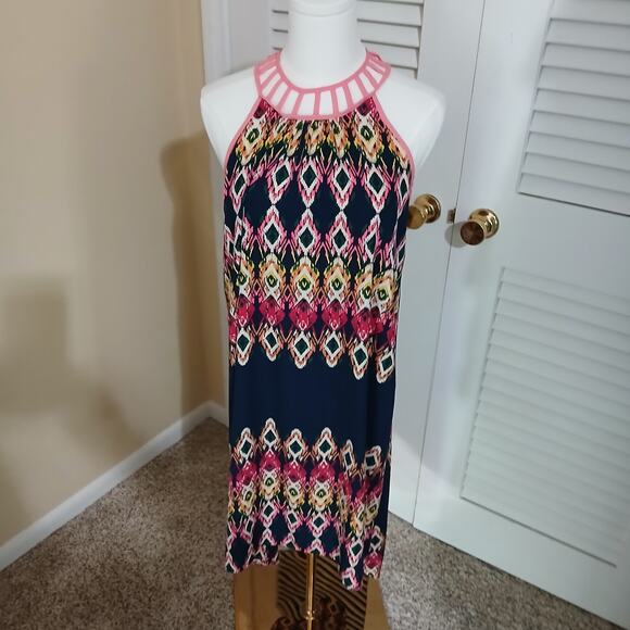 Minteau Couture 16(XL) Halter Dress A Line Navy/Pink/Green Cut-Out Neck Lined - Picture 1 of 11
